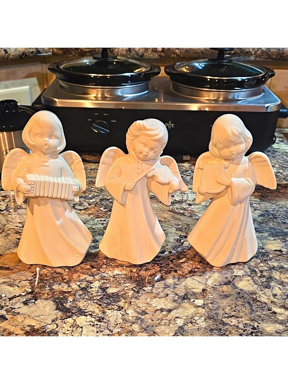 White Ceramic Angel Figurines Playing Instruments Accordion Violin Harp Set of 3